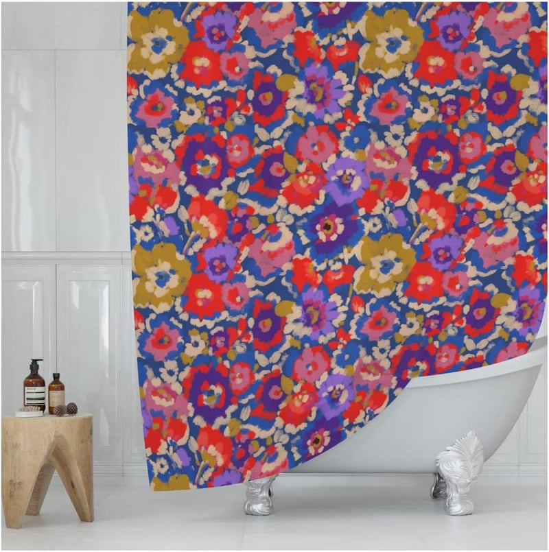 Worthwhile Goods Red Blue Purple Floral Print Shower Curtain - Impressionist Watercolor Flowers Pattern - Country Farmhouse Design - Pretty Summer Fabric Shower Curtain For Any Bathroom - 72x72 Inches (Red Floral) - Image 1